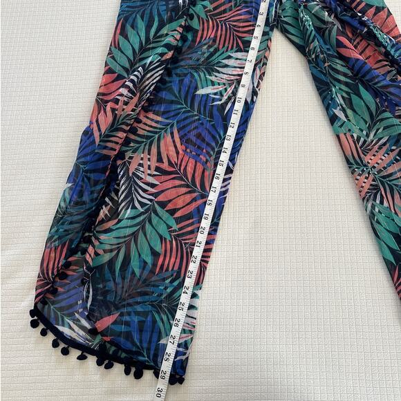 Tropical Leaf Print Boho Beach Lightweight Flowy Pants with Pom-Pom Trim Size S - Picture 8 of 11